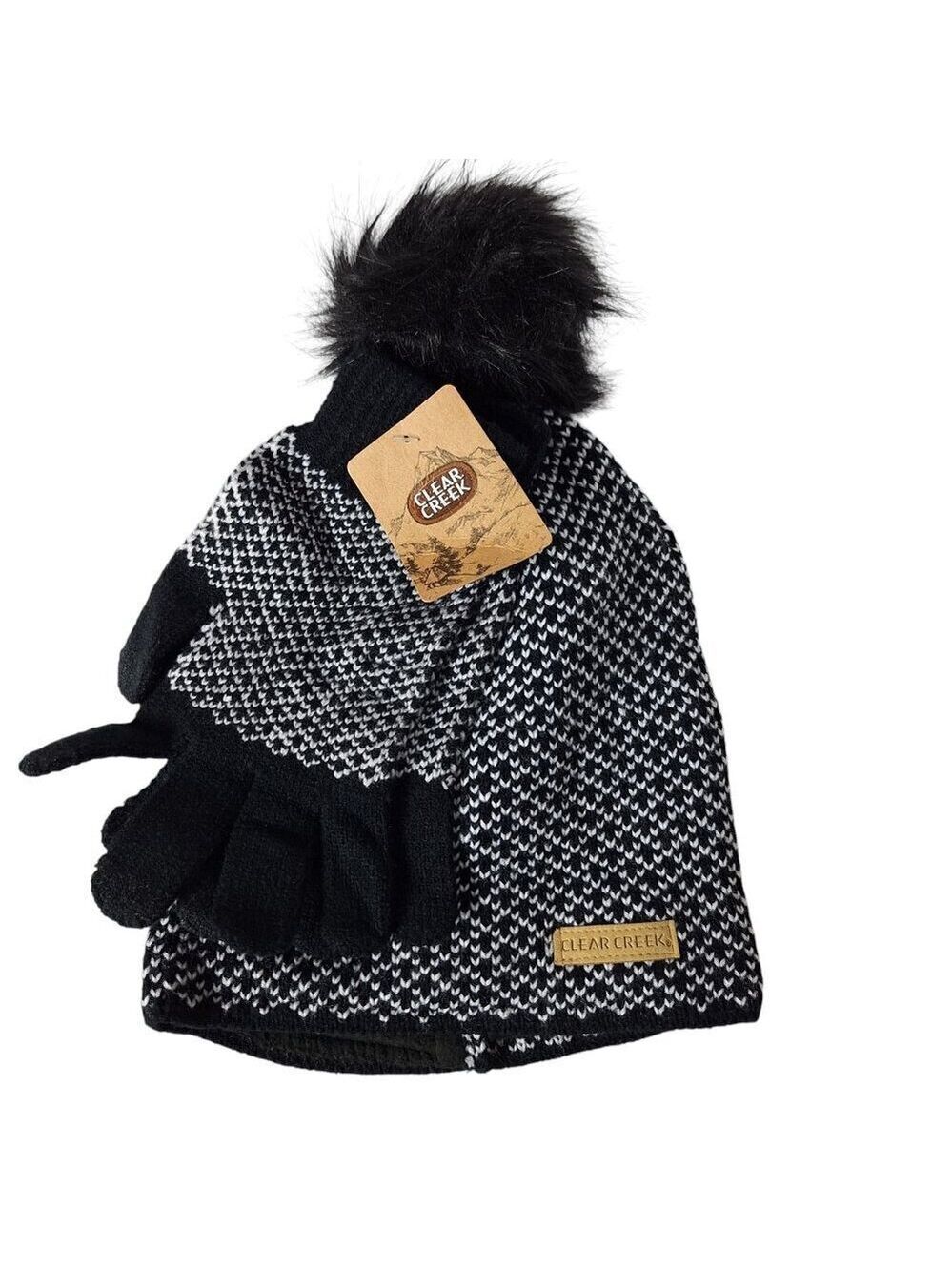 Clear Creek Black White Knit Hat Gloves Set Faux Fur Pom One Size